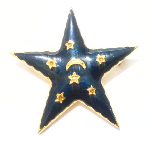 Vintage Navy Blue Enamel Celestial Star Brooch Gold Tone Moon & Stars Night Sky - Picture 1 of 6